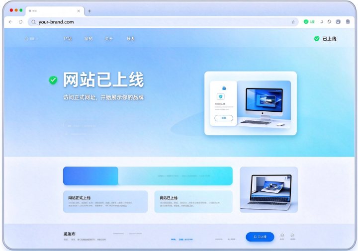网站发布上线后的样子：地址栏是自己的域名，页面顶部显示已上线